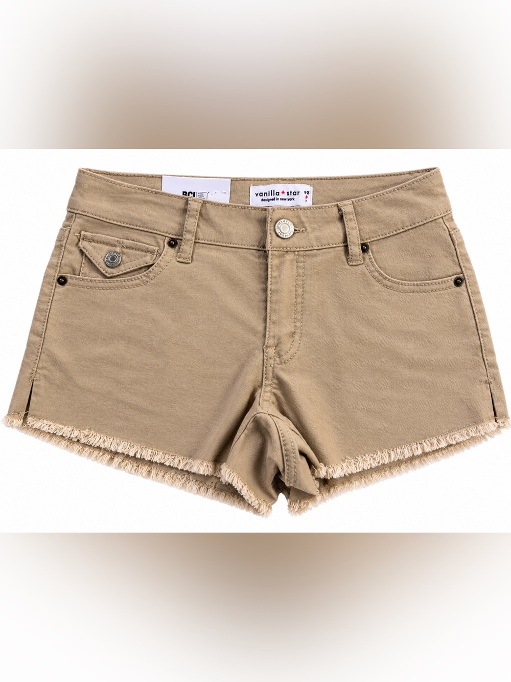 Vanilla Star Tan Frayed-Hem Denim Shorts NWT